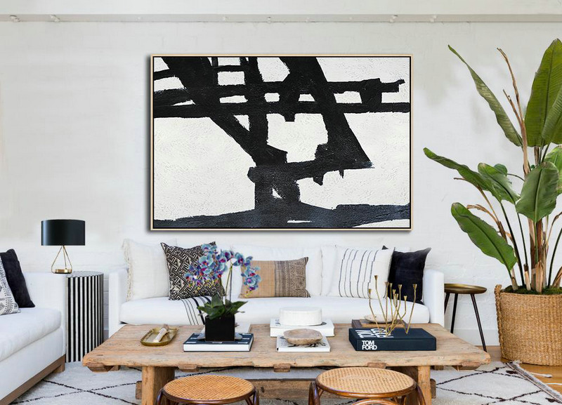 Hand Painted Original Art,Hand Painted Oversized Horizontal Minimal Art On Canvas, Black And White Minimalist Painting - Acrylic Painting Large Wall Art